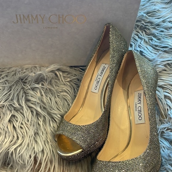 Jimmy Choo Luna 100 Platform Peep Toe Pumps | Metallic Bronze Lamè Glitter 37.5 - Picture 13 of 16